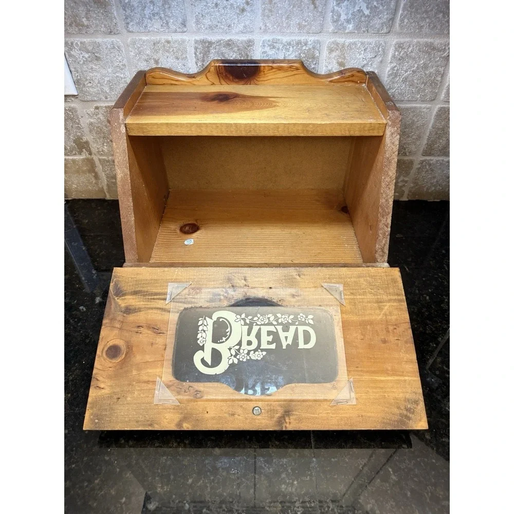 VTG Wooden Bread Box Stencil Design Glass‎ Farmhouse Decor Cottage Core Granny